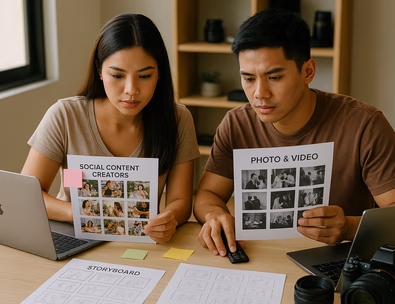 Young Filipino couple reviewing portfolios for social creators and traditional photo video teams with laptops and camera gear on a table