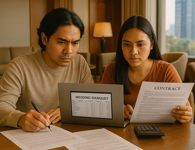 Young Filipino couple reviewing a banquet spreadsheet with calculator and printed contracts on a hotel table