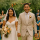 Filipino bride and groom walking down the aisle surrounded by wedding guests and outdoor decor.