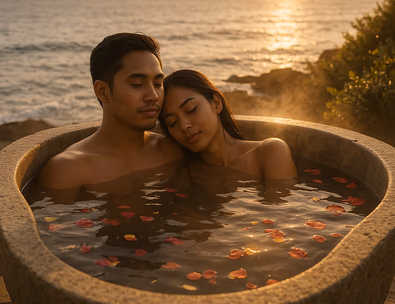 Young Filipino couple in an outdoor stone tub by the sea at sunset with steam rising and calm water beyond