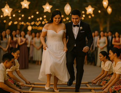 Young Filipino couple joining a Tinikling dance with a smiling crowd and warm lights