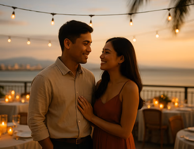 Young Filipino couple on a Davao veranda at sunset with candlelit tables and warm uplights by the gulf