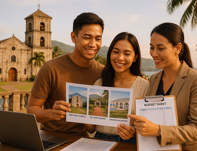 Young Filipino couple touring a Davao church garden and seaside ballroom with a planner while reviewing a budget sheet