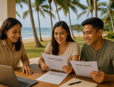 Young Filipino couple at a resort office reviewing permit forms with a coordinator while the beach is visible through glass doors