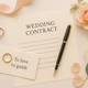 Elegant wedding contract and pen surrounded by soft wedding details, symbolizing careful planning.
