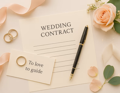 Elegant wedding contract and pen surrounded by soft wedding details, symbolizing careful planning.