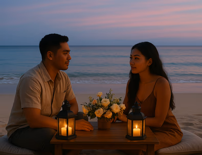 Young Filipino couple at a candlelit beach table during blue hour with low florals enclosed lanterns and the tide safely distant