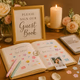 Elegant wedding guest book table with interactive book, stickers, and pens.