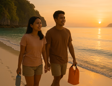 Young Filipino couple walking a quiet cove at sunrise carrying refillable bottles and a small dry bag with glassy water ahead