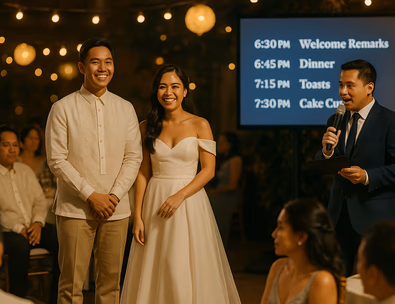 Young Filipino couple on stage with an emcee guiding the program and a timeline on screen