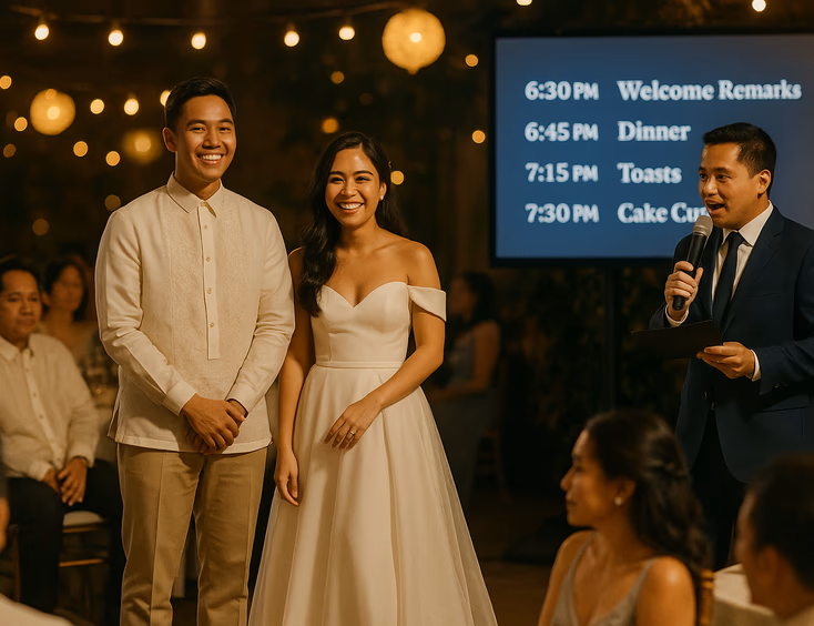 Young Filipino couple on stage with an emcee guiding the program and a timeline on screen