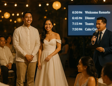 Young Filipino couple on stage with an emcee guiding the program and a timeline on screen
