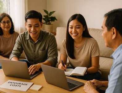 Young Filipino couple outlining entourage costs on a laptop with a planner while moms and ninangs review a one page guide at a dining table