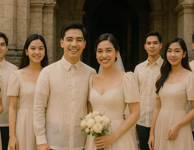 Young Filipino couple at a church doorway with entourage lined up and sponsors waiting while the aisle and musicians are set