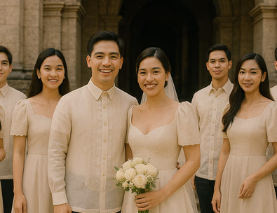 Young Filipino couple at a church doorway with entourage lined up and sponsors waiting while the aisle and musicians are set