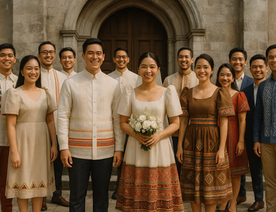Young Filipino couple with entourage wearing a mix of Luzon Visayas and Mindanao textiles on church steps