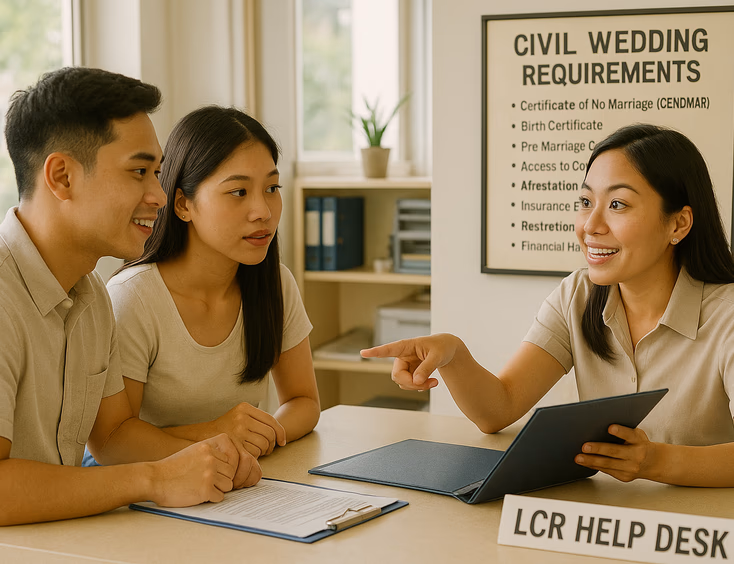 Couple asking civil wedding questions at an LCR help desk
