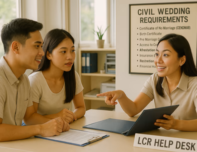 Couple asking civil wedding questions at an LCR help desk