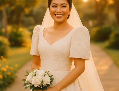 Filipina bride in a traditional Filipiniana gown standing in a garden, representing elegance and cultural pride.