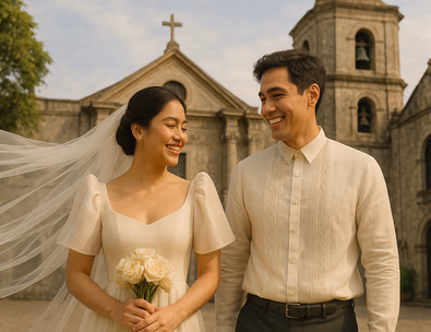Young Filipino couple outside a historic church bride in a modern terno with soft butterfly sleeves and piña or jusi sheen groom in a classic barong warm afternoon light