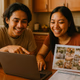 Young Filipino couple reviewing a wedding budget spreadsheet on a laptop with venue and décor mood board photos on the table
