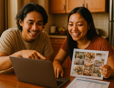 Young Filipino couple reviewing a wedding budget spreadsheet on a laptop with venue and décor mood board photos on the table