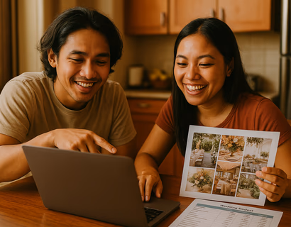 Young Filipino couple reviewing a wedding budget spreadsheet on a laptop with venue and décor mood board photos on the table