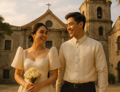 Young Filipino couple outside a historic church the bride in a modern Filipiniana gown with subtle butterfly sleeves the groom in a barong warm afternoon light