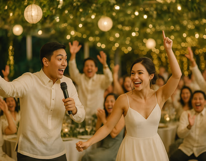 Young Filipino couple leading a lively wedding game with cheering guests and warm lights