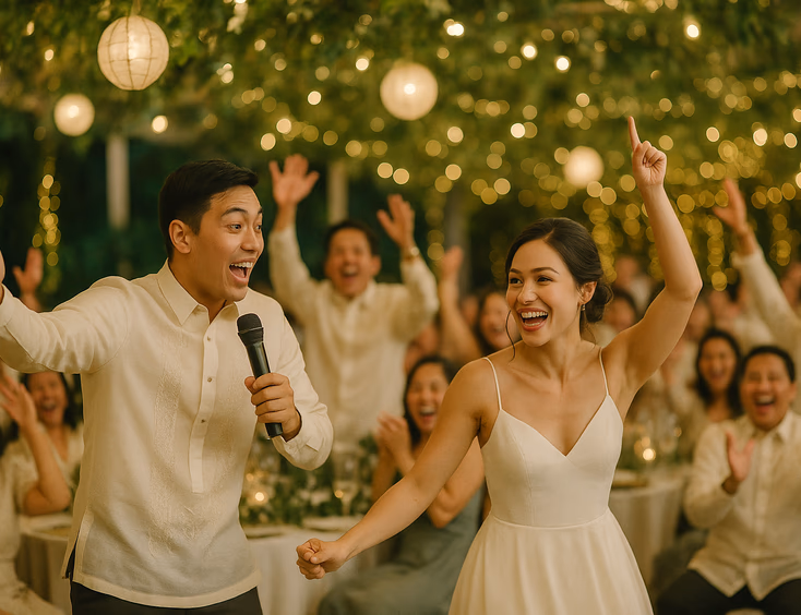 Young Filipino couple leading a lively wedding game with cheering guests and warm lights