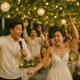 Young Filipino couple leading a lively wedding game with cheering guests and warm lights