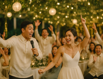Young Filipino couple leading a lively wedding game with cheering guests and warm lights