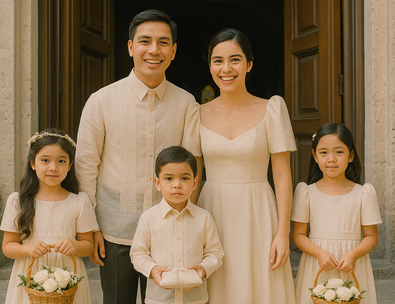 Young Filipino couple with flower girls and a ring bearer calmly lined up at church doors baskets and ring pillow visible