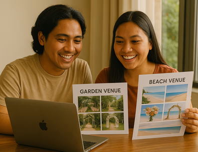 Young Filipino couple comparing garden lawn and beach cove options with a laptop and mood boards outdoors