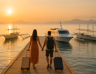 Young Filipino couple at a small island jetty at sunrise with carry ons boarding a fastcraft while an outrigger and vans wait nearby