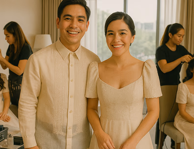 Young Filipino couple in a bright hotel suite as glam artists work around the entourage with a printed timeline on the wall