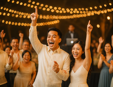 Young Filipino couple leading a Hep Hep Hooray game as guests cheer
