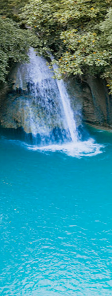 A turquoise blue waterfall surrounded by lush greenery