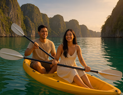 Young Filipino couple on El Nido lagoon kayak at golden hour with limestone cliffs and turquoise water