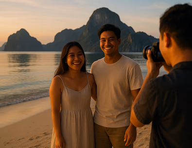 Young Filipino couple at golden hour on a quiet beach with limestone cliffs and glassy water as the photographer frames a candid moment
