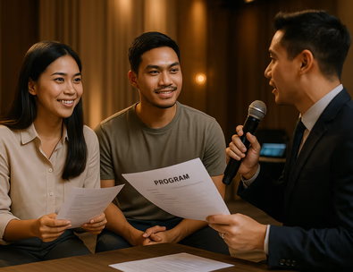 Young Filipino couple interviewing a wedding emcee on a ballroom stage while reviewing a program script and wireless mics