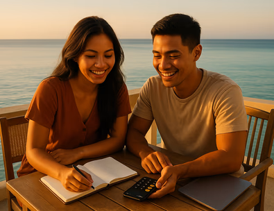 Young Filipino couple reviewing a travel budget on a seaside balcony at sunset with calm water and a notebook