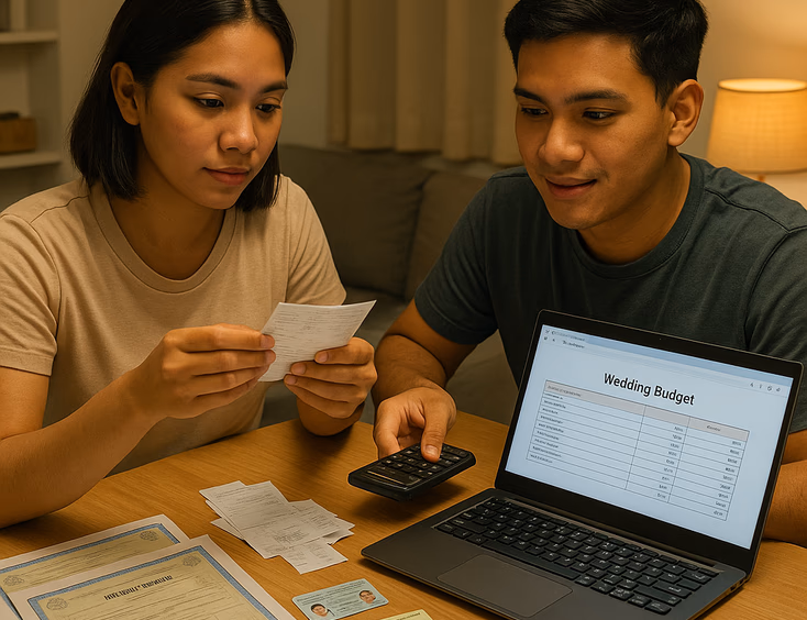 Young Filipino couple calculating a civil wedding budget with receipts and laptop