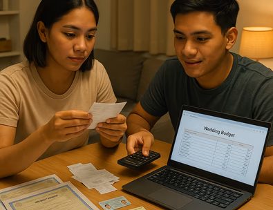 Young Filipino couple calculating a civil wedding budget with receipts and laptop