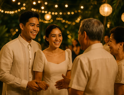 Young Filipino couple greeting principal sponsors at reception entrance with warm smiles capiz lanterns tropical florals and elegant Filipiniana attire
