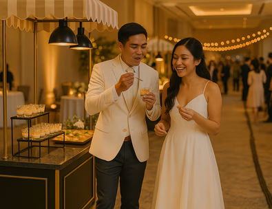 Young Filipino couple sampling treats at elegant food carts during cocktail hour with a clear aisle behind them