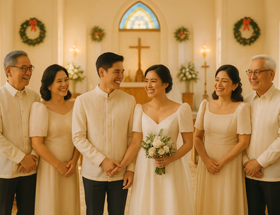 Bride and groom with their Filipino wedding sponsors in traditional attire, gathered inside a brightly lit church.