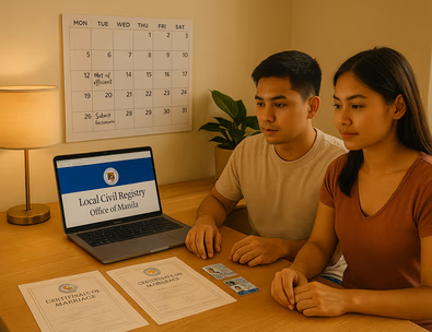 Young Filipino couple planning a Manila civil wedding with documents and calendar