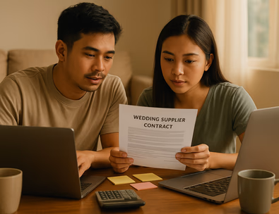Young Filipino couple reviewing a wedding contract and budget sheet at a apartment table with laptops and notes