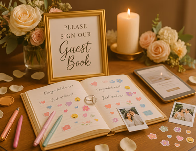 Elegant wedding guest book table with interactive book, stickers, and pens.